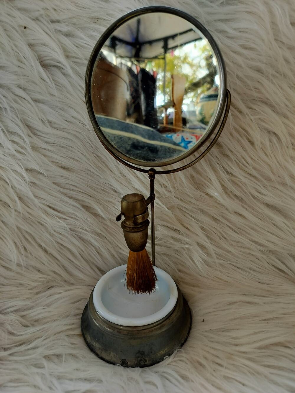 Antique Vtg Tabletop Grooming & Shaving Stand Adjustable Mirror & Shaving brush